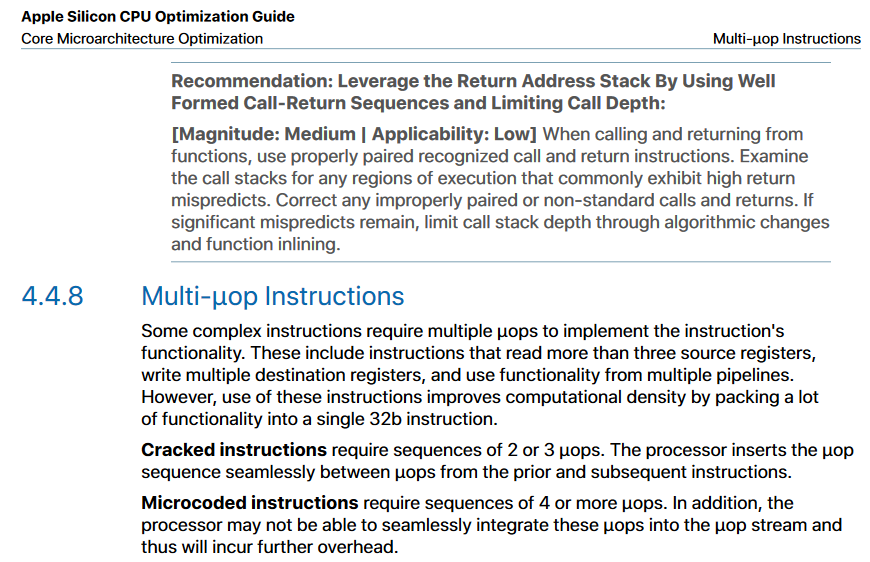 Apple's decoders can output up to 3 uops per instruction, with more complex ones handled via microcode.

AMD: Decoders emit up to 2 uops per instruction
Intel: up to 4 uops/instr but only from the first decode slot