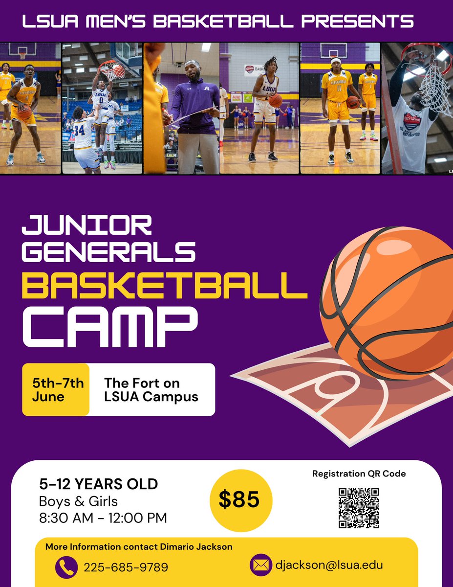 Mark your calendars, Junior Generals Basketball Camp is right around the corner! Scan the QR code for registration! 

Any other questions contact Head Coach Dimario Jackson! #DTC