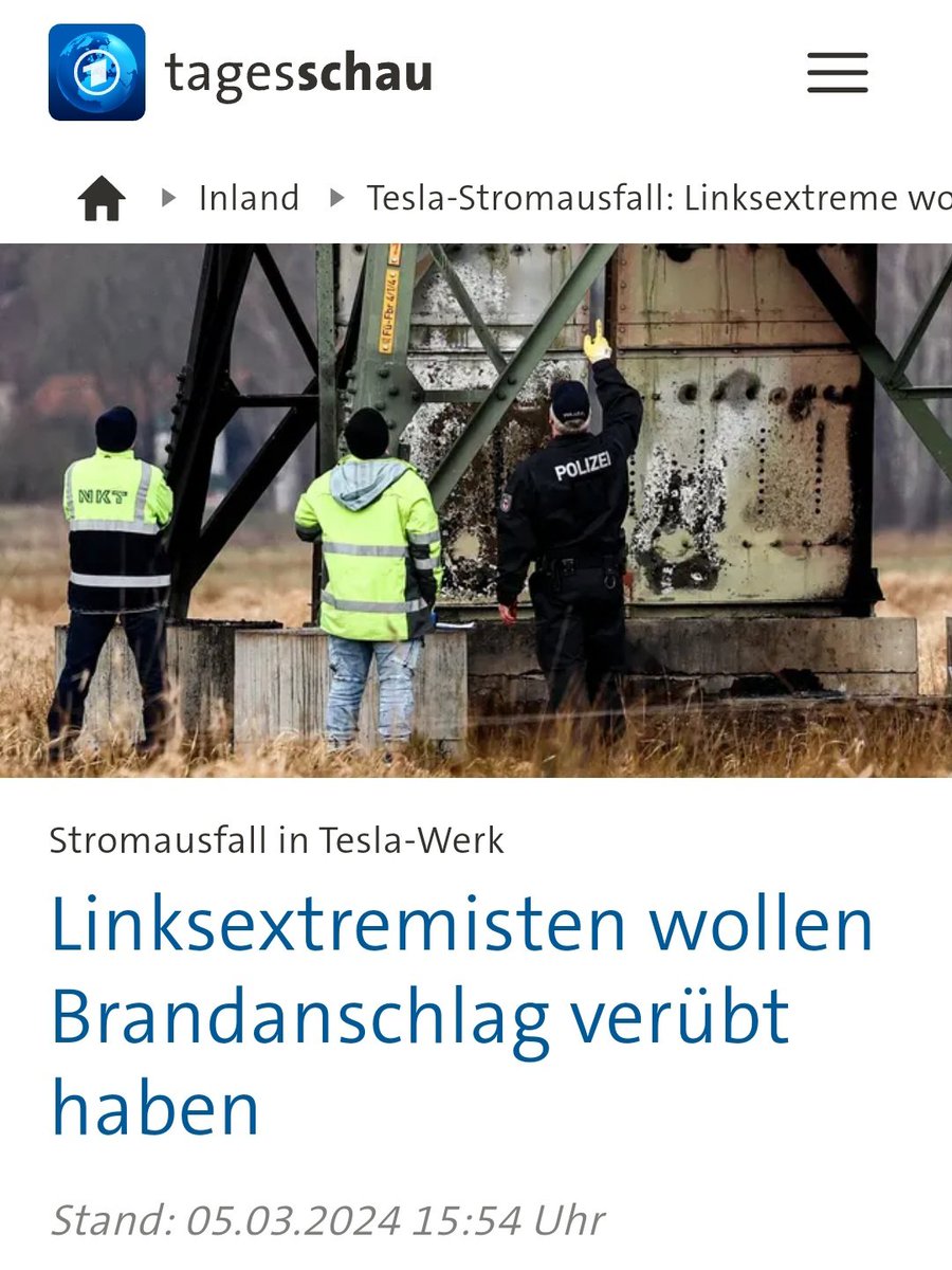 Hallo liebe Beschützer*in des Rechts in Deutschland, @NancyFaeser und #Haldenwang.
Irgendwie hört man ja gar nichts zum linksextremistischen Anschlag der #Vulkangruppe auf #Tesla.
Man könnte fast meinen, dass dies so kurios wie bei #Nordstream2 endet...
tagesschau.de/inland/tesla-w…