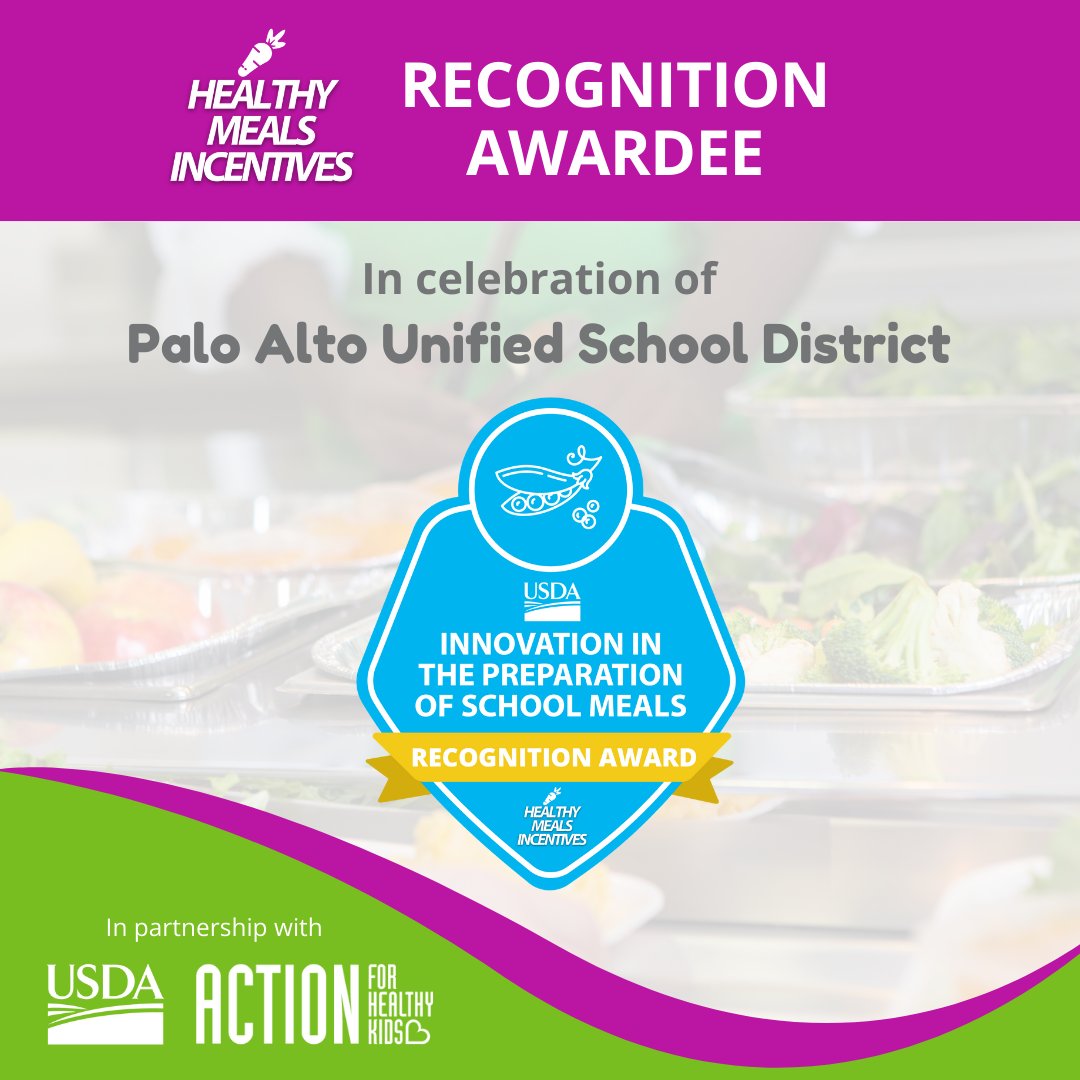 Hats off to @PaloAltoUnified for nabbing the HMI Recognition Award from @USDANutrition and AFHK! 🎉 Their dedication to scratch-cooked recipes shines through with innovative student involvement like Tasting Day and suggestion boxes. 👩‍🍳👨‍🍳 Learn more: healthymealsincentives.org/awardee-spotli…