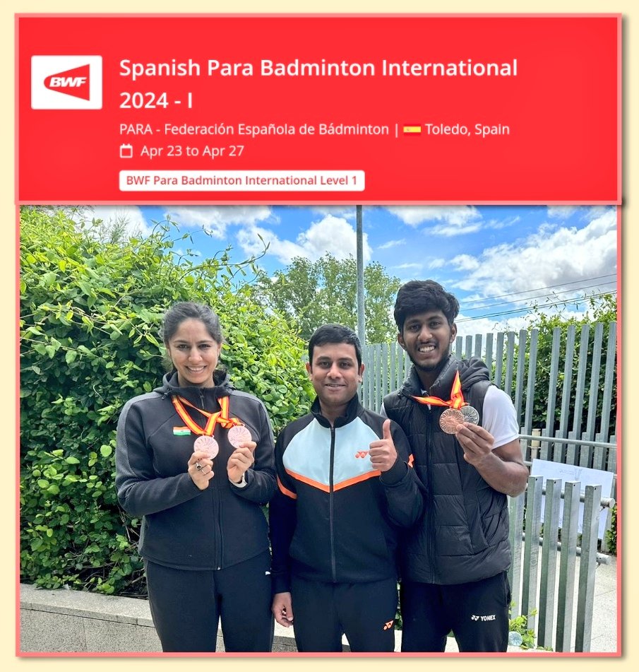 Bronze Medal for India 🇮🇳🏸

Manasi & Ruthick - Mixed Doubles Pair excellent performance in Spanish Para Badminton International, April 2024.

Mixed Doubles 🥉🏸 (BRONZE)

Congratulations Champions🏆

#mindtraining #motivation #paracoach #parabadmintoncoach #parabadminton