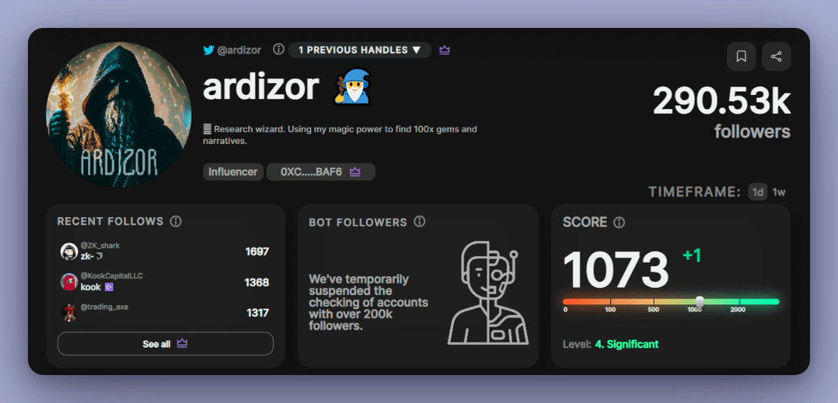 ardizor's tweet image. The final step for is to identify the main influencers and other X accounts backing the project right after understanding the market cap.

➬ You might want to check out @TweetScout_io for this.

Once the Twitter scene looks solid with key supporters, it can be the time to take…