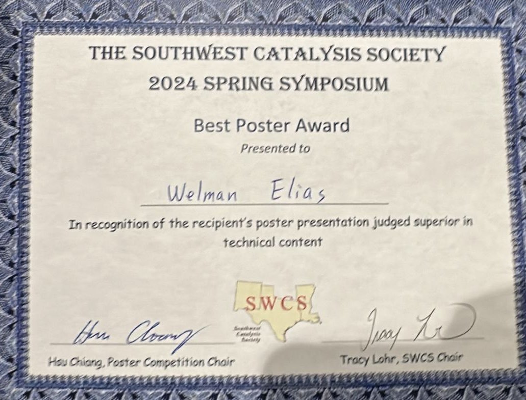 Great <a href="/SouthwestCatSoc/">Southwest Catalysis Society</a> Spring meeting❗️ Outstanding turnout (>150 folks), super engaging academic&amp;industry talks; spacious facilities at Shell Woodcreek👍 (And, a best poster award presented by Welman👏)
