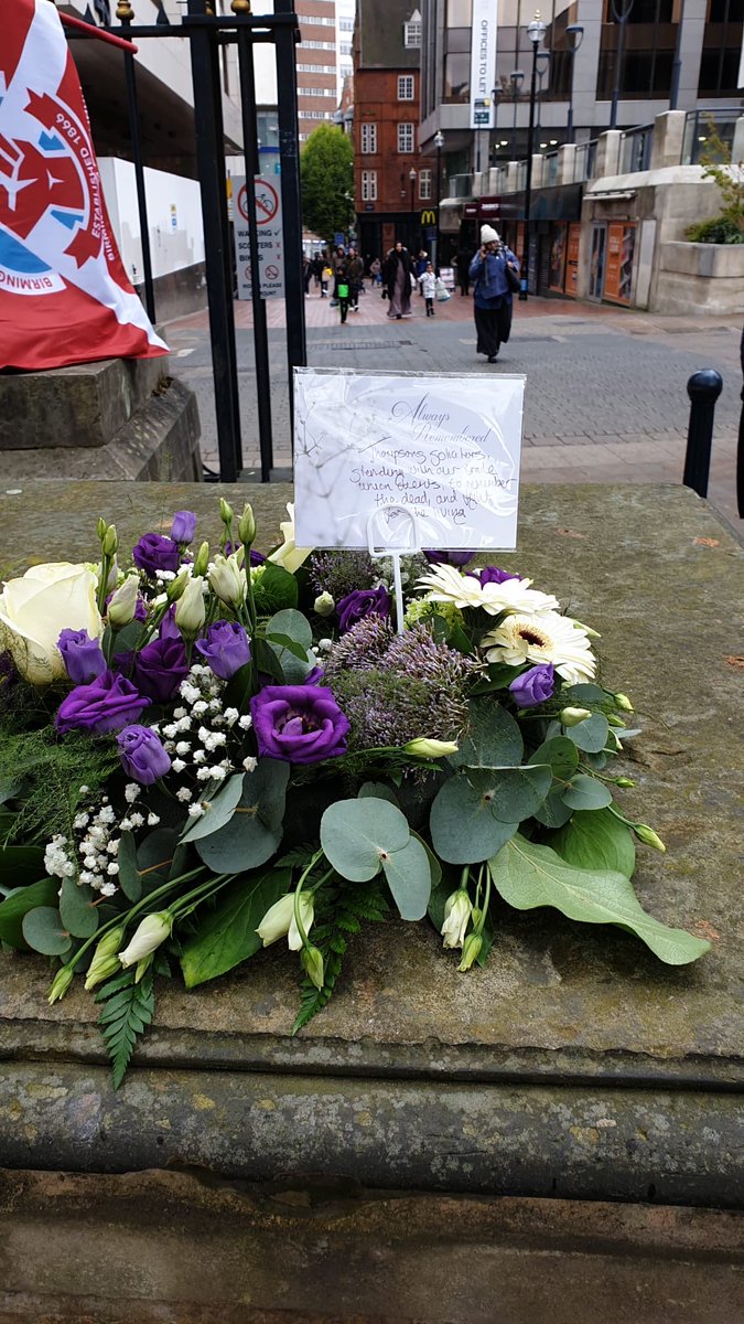Reub1969's tweet photo. We have been at the IWMD event in Birmingham today ⁦@ThompsonsLaw⁩. Here is Zaf, lawyer in our Birmingham office, laying our wreath alongside trade union comrades to remember the dead and fight for the living. #IWMD https://t.co/geDiyHv1rw