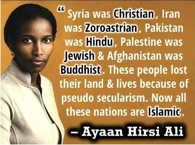 l'Afghanistan était bouddhiste
je traduis :
La Syrie était chrétienne, 
L'Iran était zoroastrienne
Le Pakistan était hindou (c'était l'Inde) 
La Palestine était juive
l'Afghanistan était bouhhiste

Tous ces gens ont perdu leurs terres et leur vie pour un pseudo sécularisme.…
