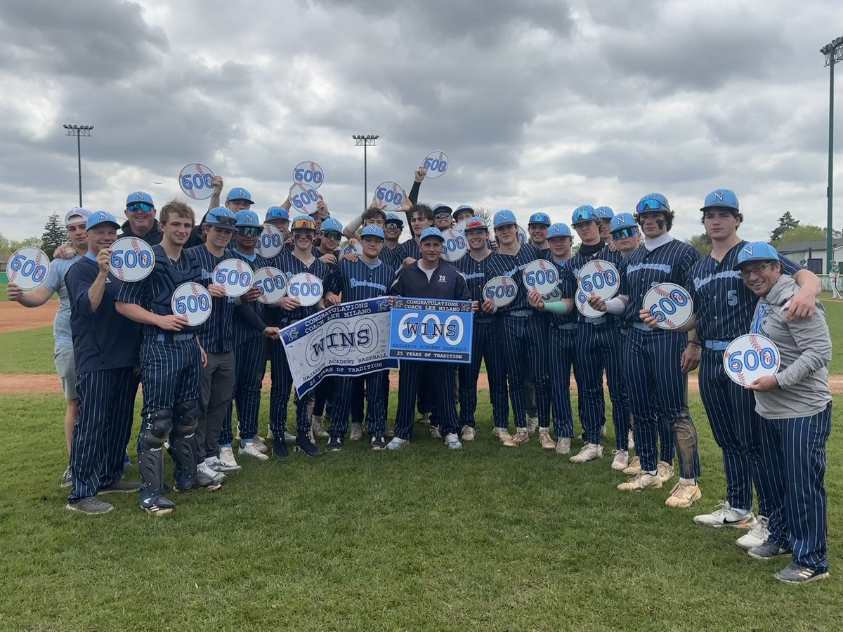 600th win for @Baseball_Naz Head Coach @LeeMilano1 today. An incredible accomplishment but it doesn’t even begin to encompass all he does for his players. This is a family—and he is so good at steering the ship and setting the tone. Cheers to you, Coach. We are all so grateful.💙