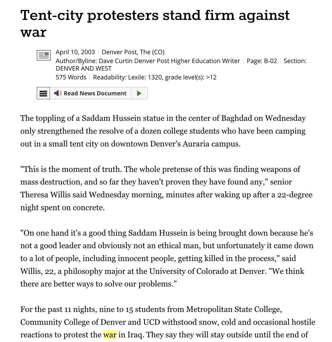 dcwoodruff's tweet image. This policy apparently originated after a three-week encampment at Auraria in 2003 in opposition the Iraq War, an extremely unpopular position at the time that a large bipartisan majority of Americans have since come around to agreeing with.