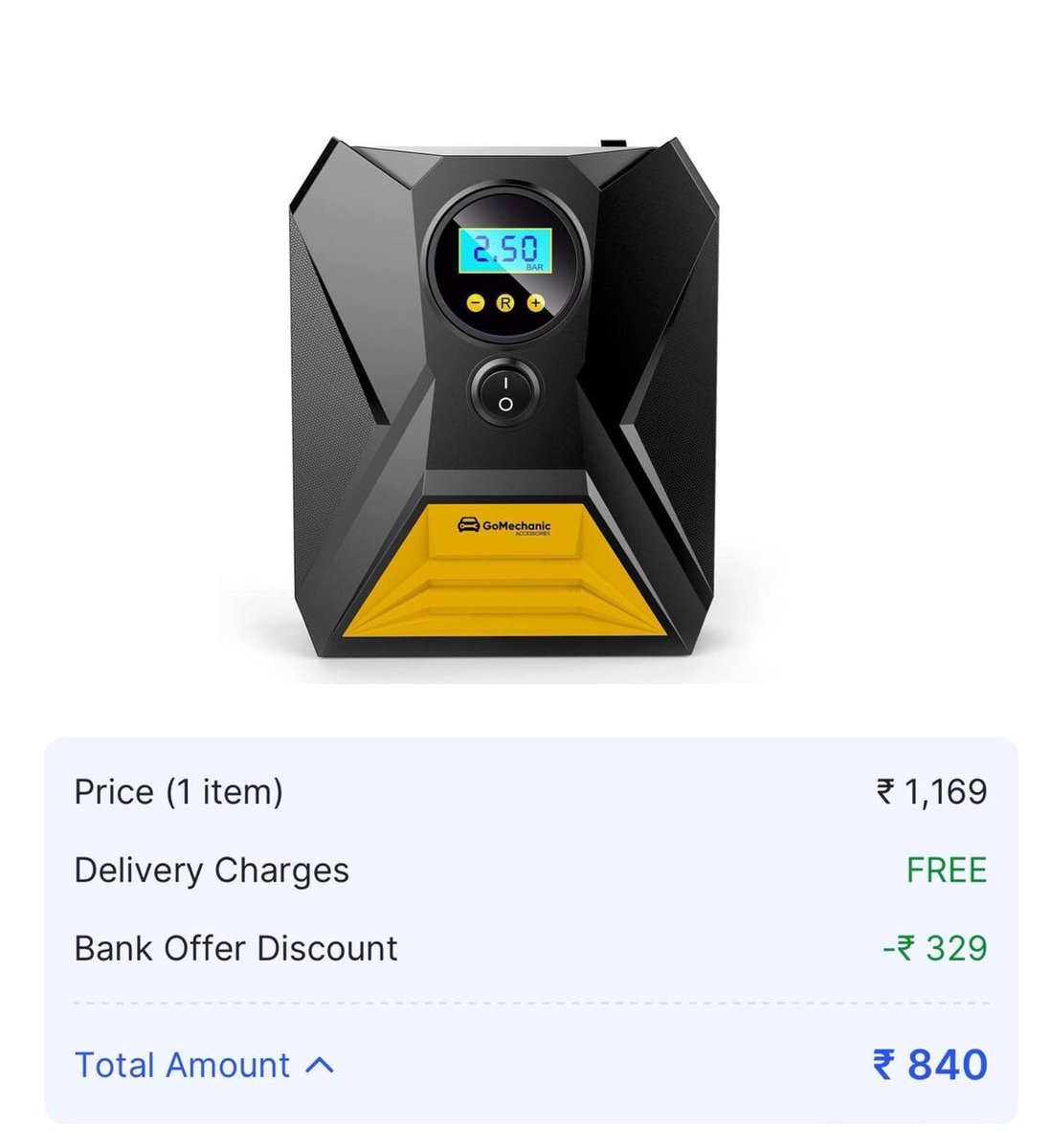 GoMechanic 150 psi Tyre Air Pump for Car for ₹840 (Effectively) 

₹329 off with Credit Card, Debit Card & NetBanking 

fkrt.to/8QGYsxBM