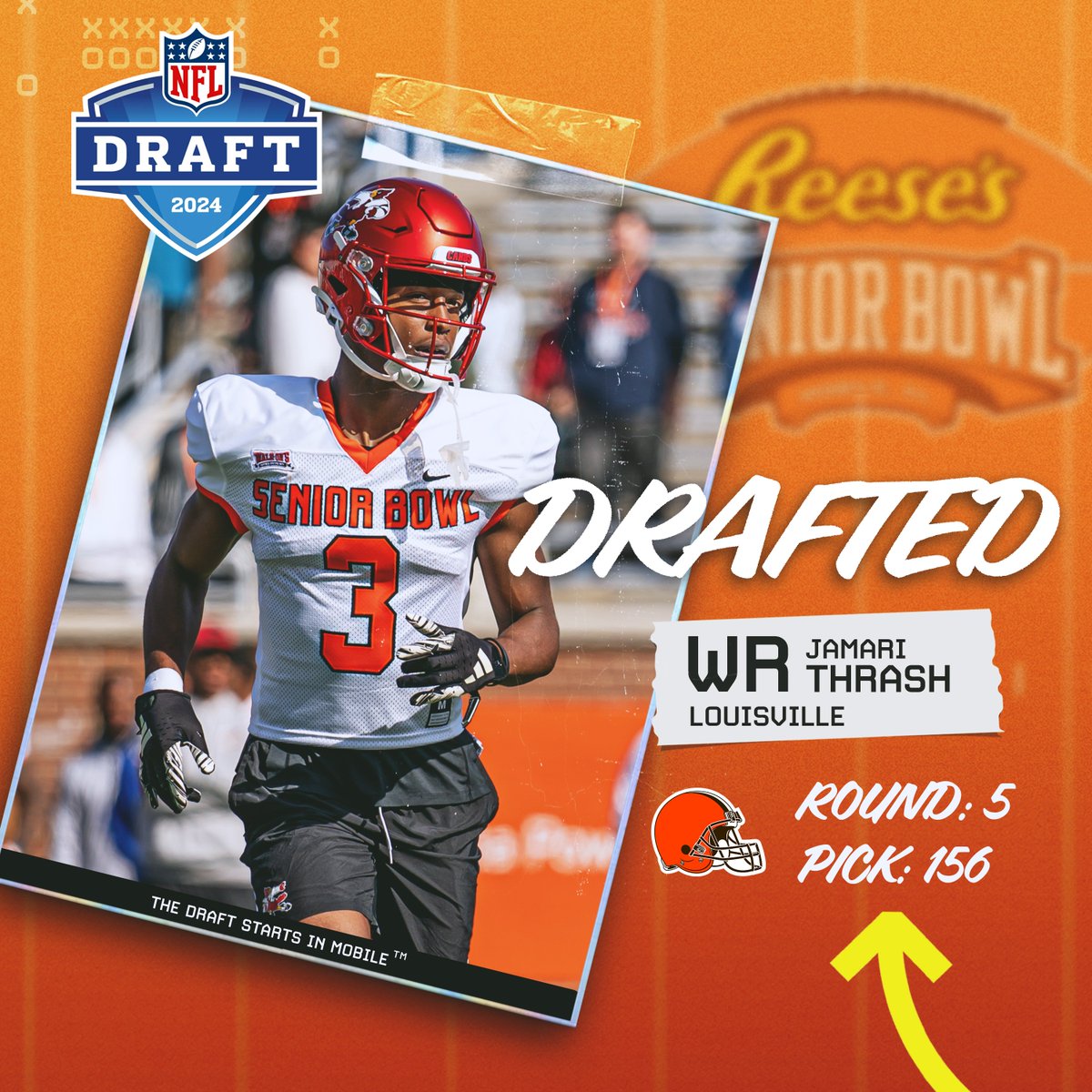 #NFLDraft The @Browns have selected Senior Bowl alum @Jamari_Thrash out of @LouisvilleFB. Congratulations! #DawgPound #TheDraftStartsInMOBILE™️