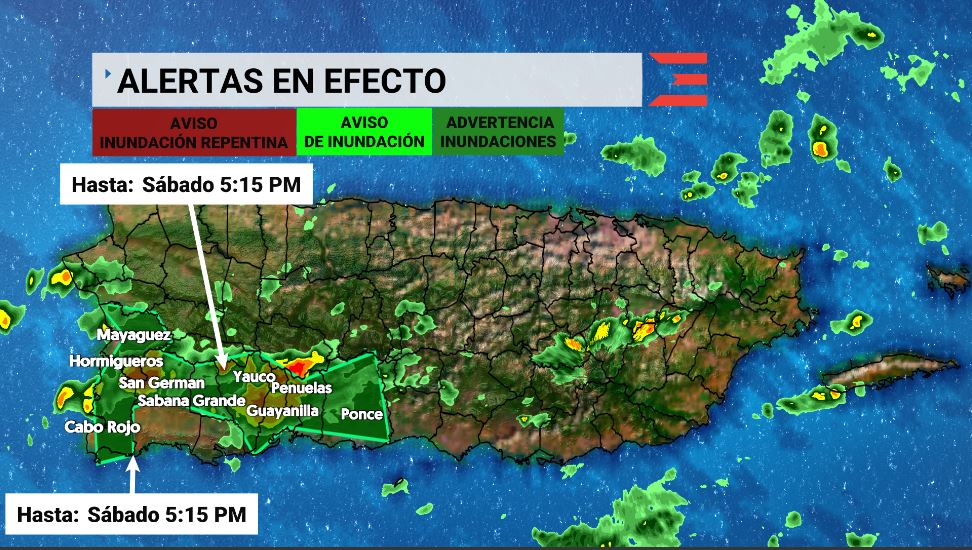 El Servicio Nacional de Meteorología emitió una advertencia de inundaciones para Cabo Rojo, Guayanilla, Hormigueros, Mayagüez, Peñuelas, Ponce, Sabana Grande, San Germán y Yauco hasta las 5:15 pm.