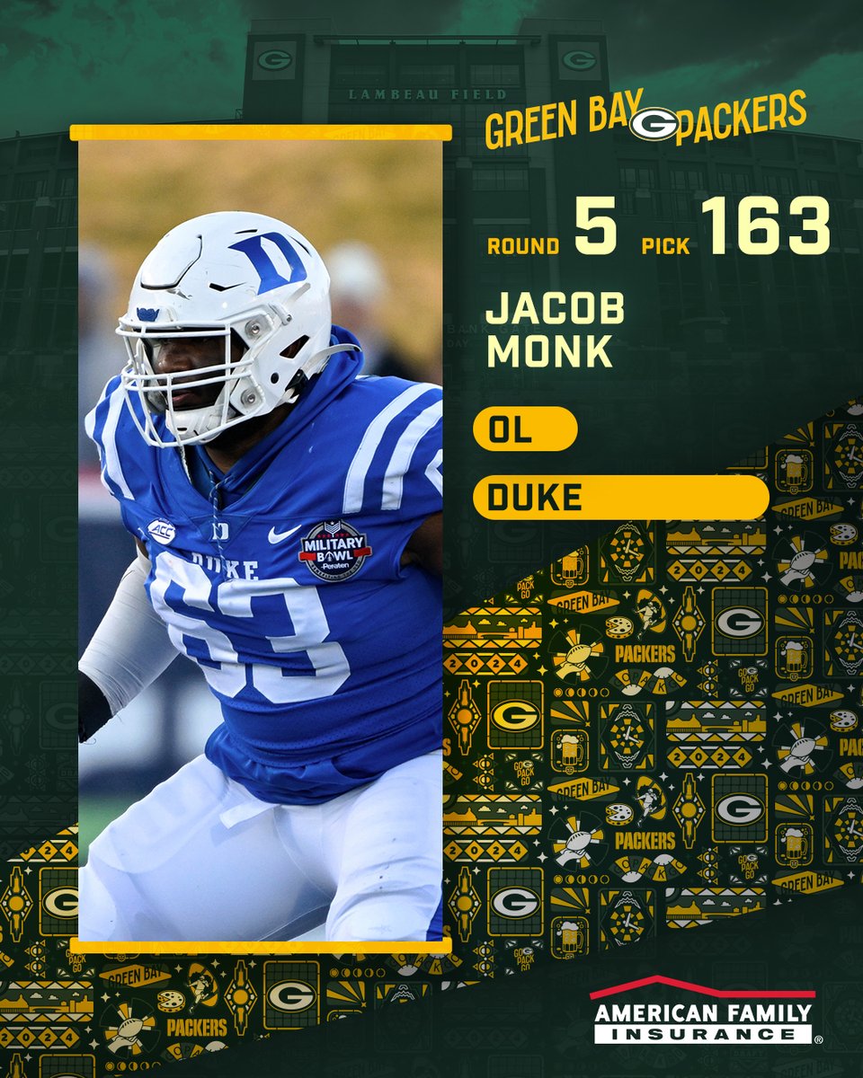 With the 163rd pick in the 2024 #NFLDraft, the #Packers select OL Jacob Monk from Duke University! @amfam | #PackersDraft