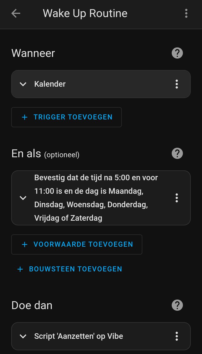 Woooop, heb een werkende HomeAssistant agenda integratie gemaakt met mn werkrooster zodat ik automatisch een wake-up routine kan draaien gekoppeld aan mn rooster

Heel benieuwd of dit een beetje gaat werken 👀