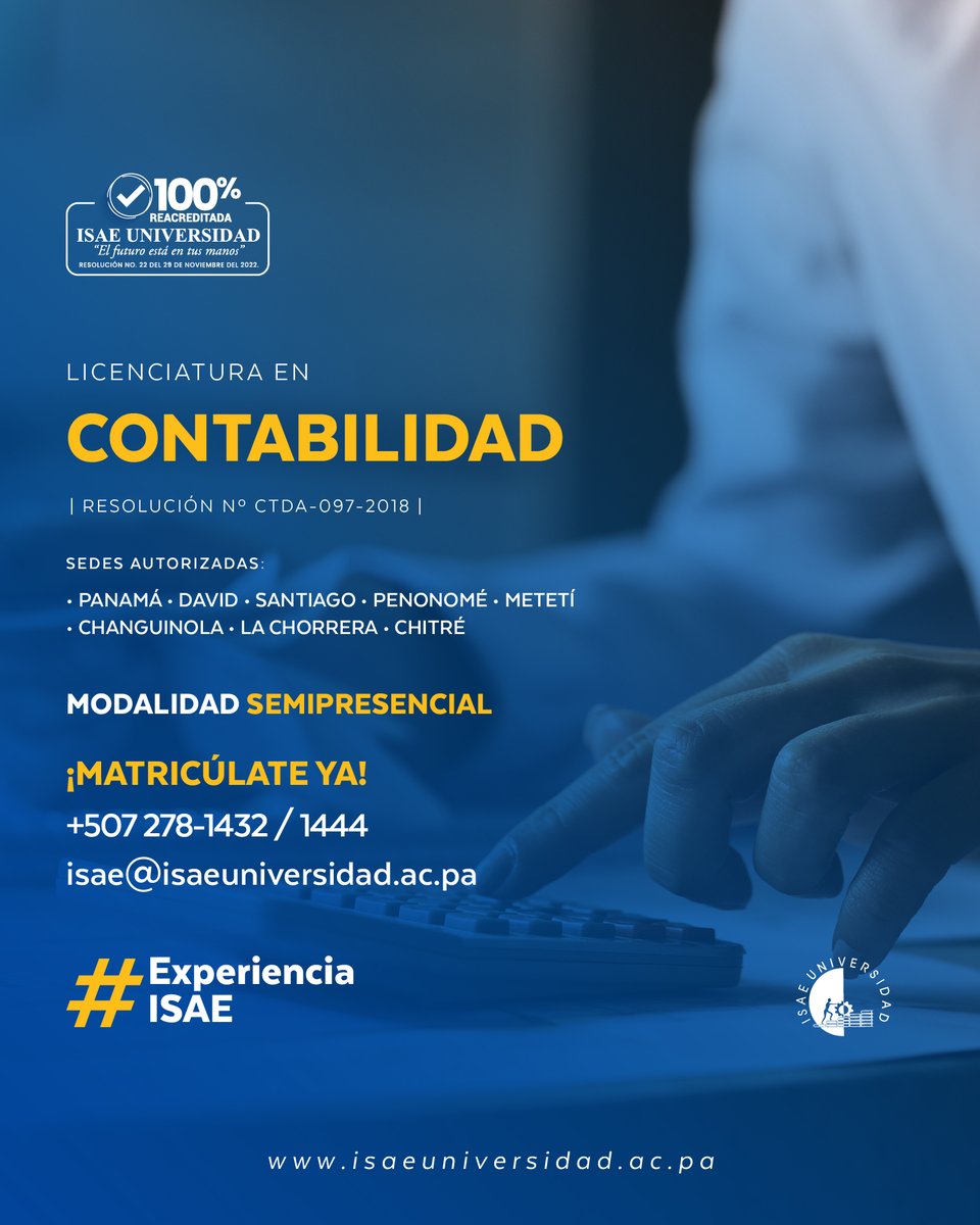 ISAEUniversidad's tweet photo. 📘💼 ¡Transforma tu futuro con la Licenciatura en Contabilidad de ISAE Universidad!
Matrícula GRATIS + 15% descuento en mensualidades. 🚀✨
Solo hasta el 30 de abril de 2024.
Contáctanos: 📱6548-7314 #ISAEUniversidad #Metas2024 #EducacionSuperior 🎓🌟 https://t.co/dMOuhqVXTC