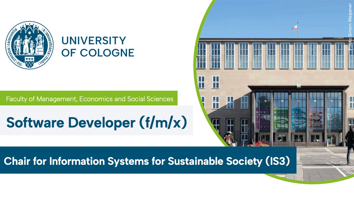 Software Developer (f/m/x) - Chair for Information Systems for Sustainable Society (IS3) wanted • Master (oe) in Computer Science, Engineering, Physics, Software Engineering (oe)? • Interested in the research areas of smart energy and mobility? Apply: jobportal.uni-koeln.de/ausschreibung/…