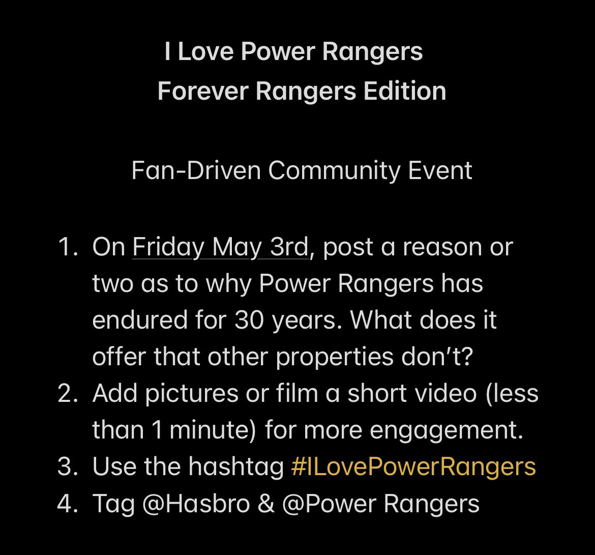 liladam87's tweet photo. Hasbro may have given up, but we haven’t.

Details for the 3rd Annual #IlovePowerRangers Day on Friday. https://t.co/du4vDFrrQU
