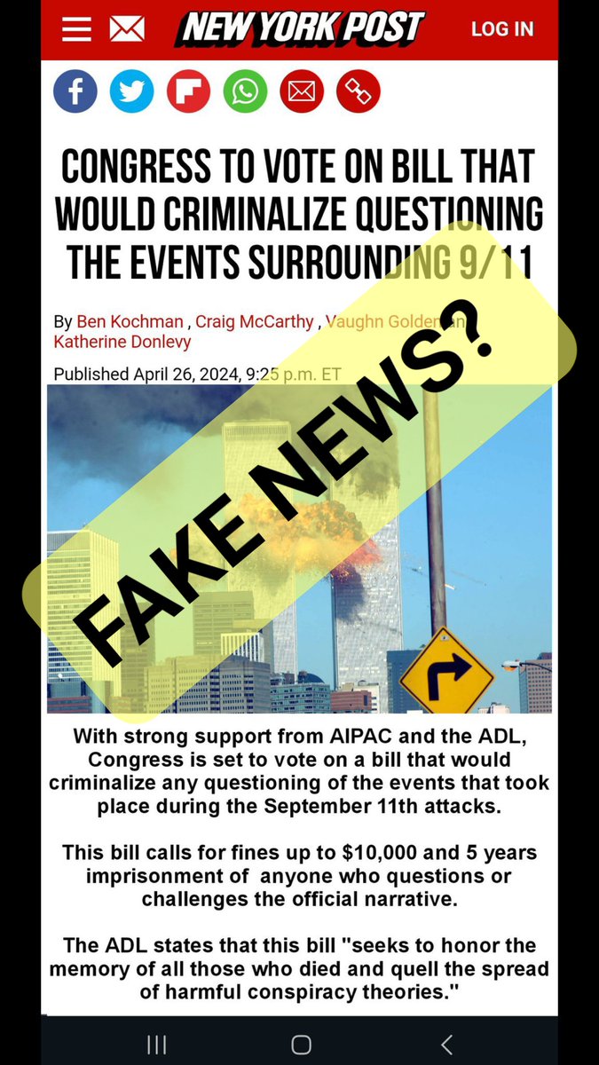 FAKE NEWS ALERT - This NYP banner *appeared* real, but it seems it is not, so I slapped a sticker on it. Please take care to not spread FAKE NEWS! It is indeed a widely held &, I believe, factual statement that #IsraelDid911, but, much as ADL, AIPAC & others definitely do not…