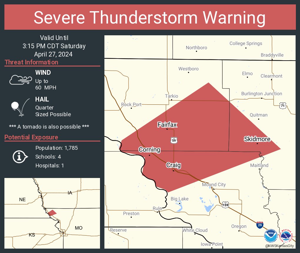 Severe Thunderstorm Warning including Fairfax MO, Skidmore MO and Craig MO until 3:15 PM CDT