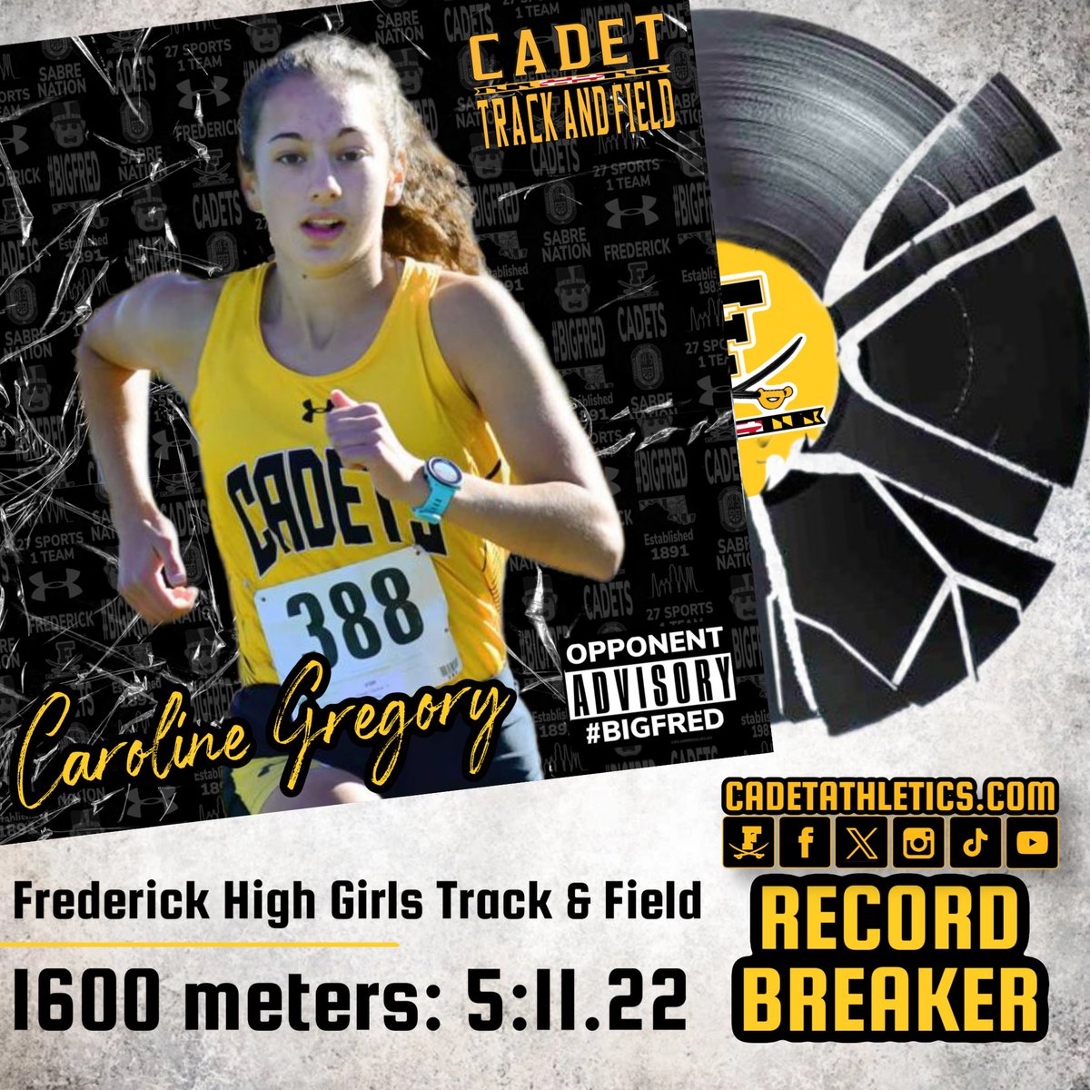 💿Cadetathletics.com Record Breaker💿

Cadet senior Caroline Gregory has set a new Frederick High School Girls 1600m record with a time of 5:11.22 today at the Gator Invitational eclipsing the mark set by Jennie Novak in 1990.

⚔️ | #BigFred | ⬛️🟨 |#ProtectTheParkway