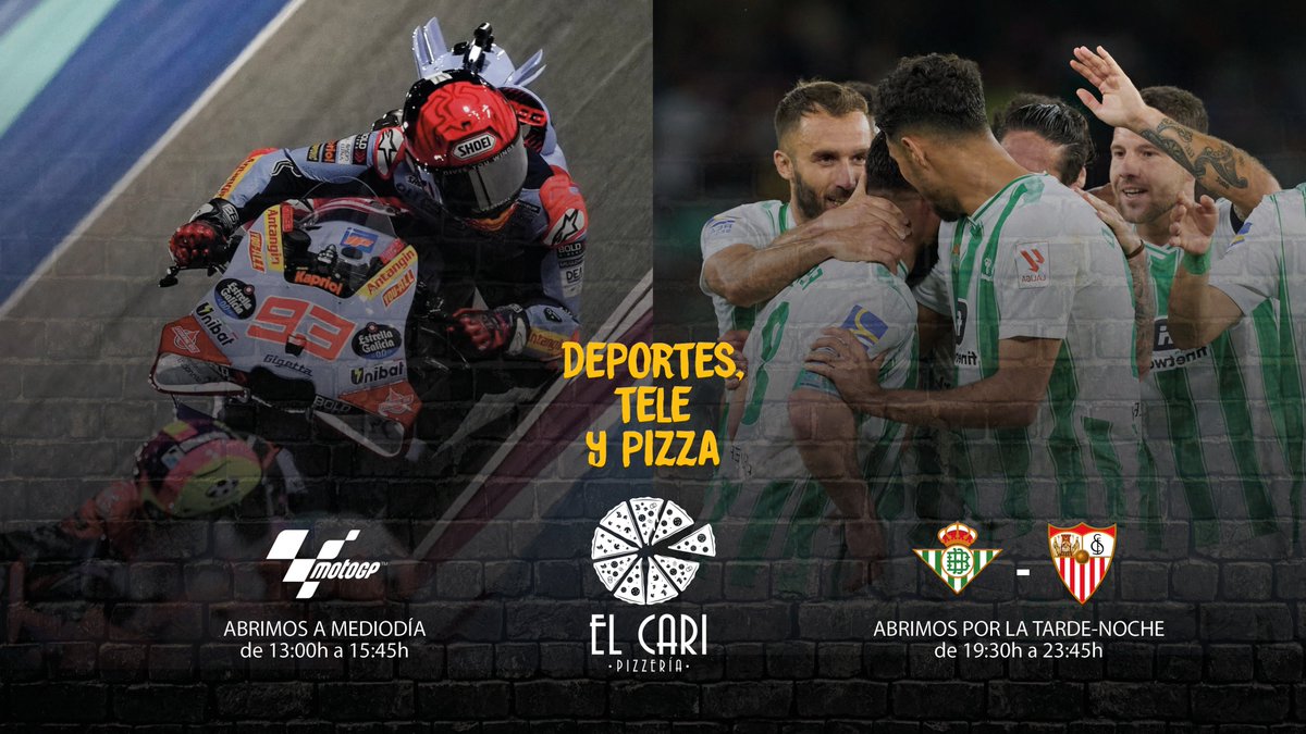 ¡Vaya día bueno para pedir #pizzas a domicilio 🍕! 

Por el mediodía, viendo las carreras de el Gran Premio de Jerez de #MotoGP  🏍️. Por la noche, el #GranDerbi entre el Betis y el Sevilla ⚽️.

Y nosotros, que te atendemos de 13:00h a 15:45h y de 19:30h a 23:45h.

#PizzeríaElCari