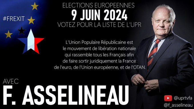 @cdelabre @JeanCatherinet @VigiMedias @ROUSSELGUILLA11 @f_asselineau 'vous êtes le seul parti anti-Europe' Merci du compliment 🤣 Oui, nous sommes contre le projet de l'Union Européenne. Nous souhaitons en sortir comme nous souhaitons sortir de l'Euro et de l'OTAN quoique vous en pensiez. Votez l'UPR @f_asselineau le 9 juin aux #Europeennes2024