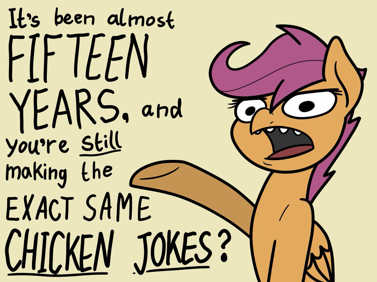 Scootaloo doesn't appreciate some of the classic fan memes.

tumblr.com/ewoudcponies/7…

#mlp #mlpart #mlpfim #scootaloo