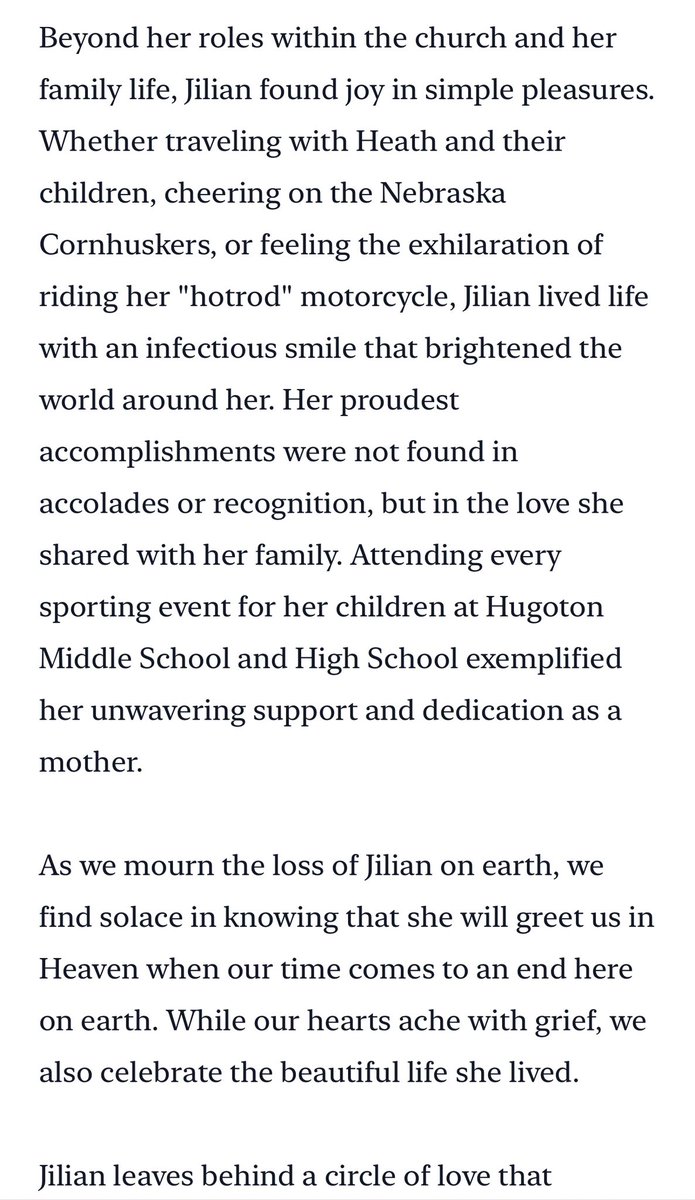 Obituary for #JilianKelley describes her as a devoted mother and wife, and dedicated person of faith who also enjoyed having fun with her family and riding her “hotrod” motorcycle. Her services were last week. “Jilian led a life dedicated to her faith and service to others as a…