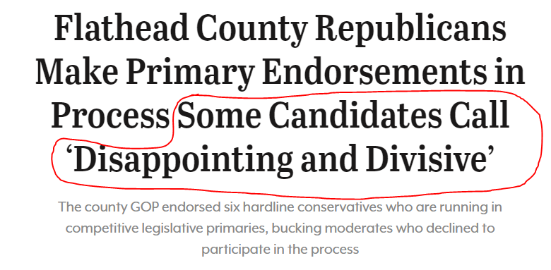 What a joke from @FlatheadBeacon 

When conservatives get endorsed: 'DISAPPOINTING AND DIVISIVE'

When Gianforte endorses RINOs in contested primaries: 🦗🦗🦗

#mtpol #mtnews #mtleg #MtSen