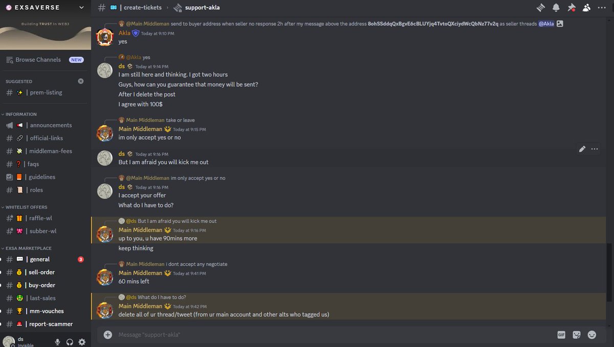 <a href="/exsaverse/">E X S A V E R S E</a> finnaly got in touch with me in the ticket! Look at this attitude after not answering my polite requests, and then muting me for 7 days.  Right after I posted it on twitter they decided to negotiate. Now, they call it a miscommunication. Also muted me and unmuted again