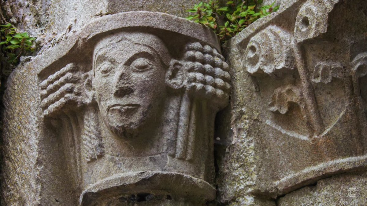 Fine medieval stonework in Corcomroe Abbey in the Burren of County Clare.
