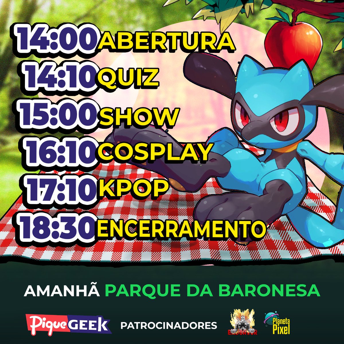congeek3's tweet image. 🎉✨ É AMANHÃ! ✨🎉

Preparados para uma tarde incrível? Confira nosso cronograma com as atrações da segunda edição do PiqueGeek! 🌱🥳

Nos vemos amanhã, às 14:00, no Parque da Baronesa! Não perca! 😉 

#eventogeek #pelotasrs