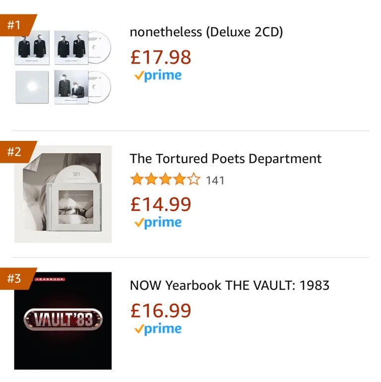 The Amazon UK “CDs and Vinyl” chart this morning, the day after the release of “Nonetheless”. Thanks to everyone who has bought the new album! #PetText