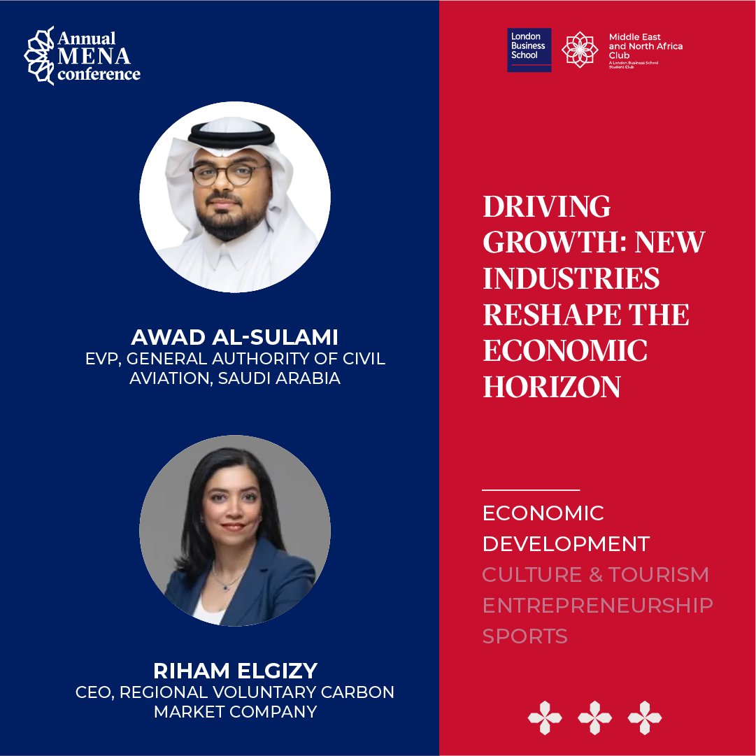 LBSMENA's tweet photo. Exciting Speaker Announcement for the Annual 21st MENA Conference! 
 
We're  eager to introduce the following set of speakers for our prestigious  event, themed Pathways to Prosperity: Visions, Ventures, and Values.  This lineup of exceptional individuals is set to challenge our thoughts  and expand our understanding in ‘Economic Development’. Join us to  engage with leaders and pioneers from around the globe. 
 
🎤 Meet Our Latest Speakers: 
 
Awad Al Sulami: EVP of GACA - General Authority of Civil Aviation - Saudi Arabia @ksagaca 
@RihamElGizy: CEO of Voluntary Carbon Market @vcm_en 
 
📅 Save the Date: 4th & 5th May 
🌐 Tickets: https://t.co/KezGDvQftU 
 
More  exciting updates and speaker details to come. Be a part of this  transformative experience. Register now and ensure your place among  thought leaders: https://t.co/KezGDvQftU 
 
#SpeakerAnnouncement #Conference #IndustryLeaders #Innovation #Networking #EconomicDevelopment #LBSMENA24