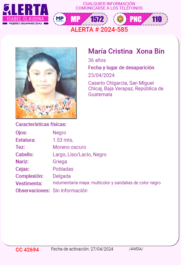 #AlertaIsabelClaudina
🚨 Ayúdenos a encontrar a
MARIA CRISTINA XONA BIN
Cualquier información comunicarse al teléfono 📞 1572
Gracias por difundir esta información❗