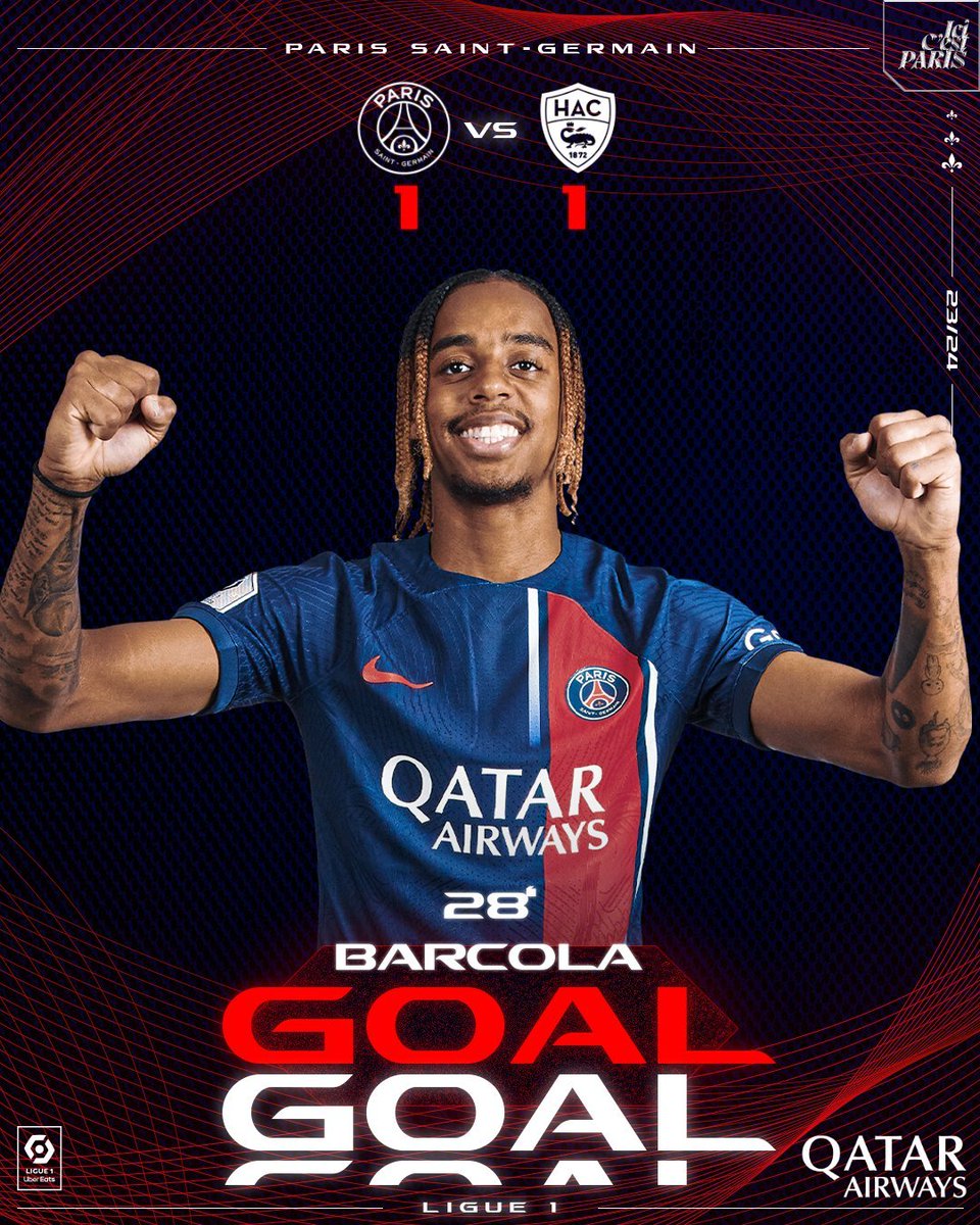 28' - GOOOOOAL! Bradley Barcola levels the game. #PSGHAC 1️⃣-1️⃣ | #Ligue1