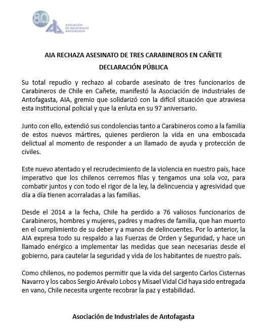 La AIA rechaza el asesinato de tres Carabineros en Cañete y alerta la necesidad de medidas drásticas y definitivas en el país por parte del gobierno, en materia de seguridad.