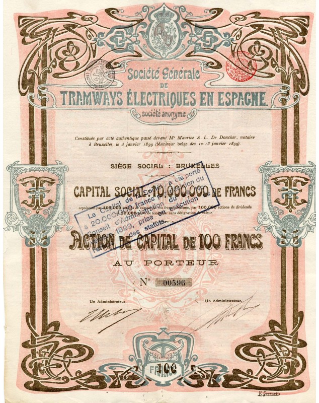 An art nouveau share certificate for the Brussels-headquarted Spanish Electric Tramways Company.