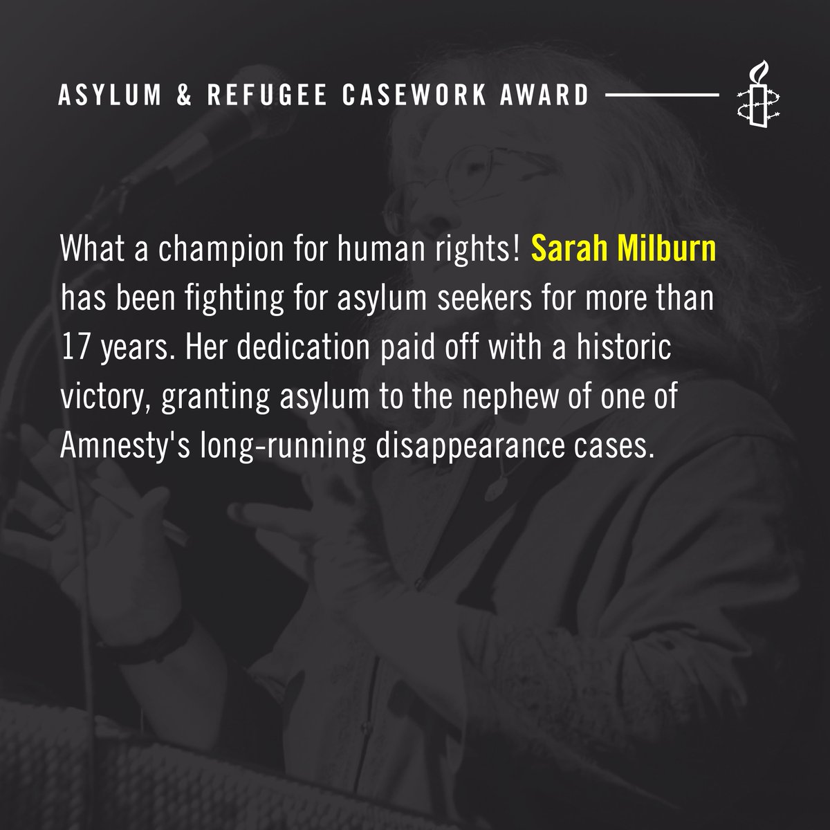 We're celebrating #VolunteerMonth by highlighting some of our amazing volunteer leaders!

Sarah Milburn has been fighting for asylum seekers for 17+ years. Her dedication paid off with a historic victory, granting asylum to the nephew of a long-running Amnesty disappearance case!