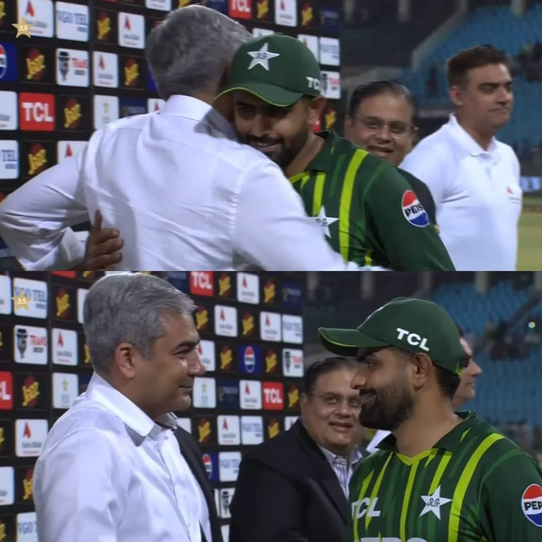 PCB Chairman Mohsin Naqvi hugging captain Babar Azam after the series draw against New Zealand.

#PakvNZ #PakvsNZ #BabarAzam𓃵