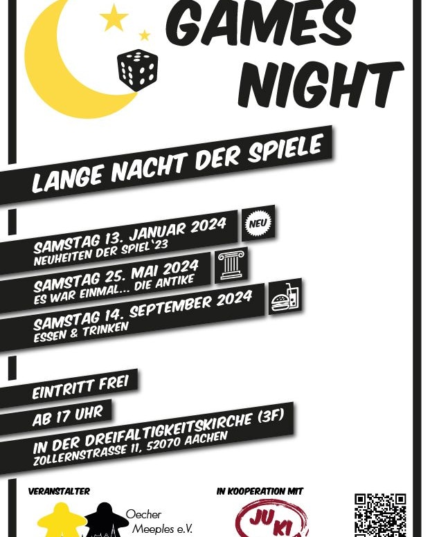 In 4 Wochen ist es wieder soweit: Games Night! 🤩 Merkt Euch den Termin:
Samstag 25.5.24 ab 17.00 Uhr in der JuKi Aachen
Wir freuen uns auf Euch! 🎲
#oechermeeples #GamesNight #Antike #brettspiele #spielen #boardgames #aachen