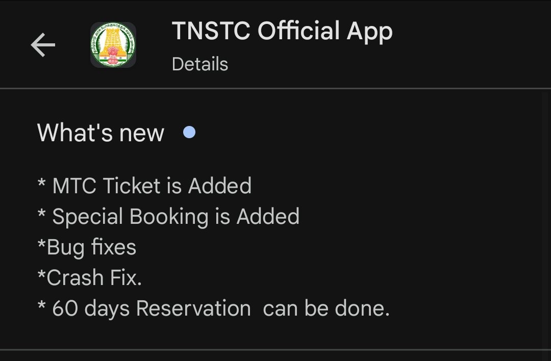 Hey @MtcChennai, in the recent TNSTC app update I could see 'MTC Ticket is added' in the notes but I don't see any such option in the app. Could you confirm if this is available or planned to be released or mistakenly added in the updates section? This feature would be wonderful.