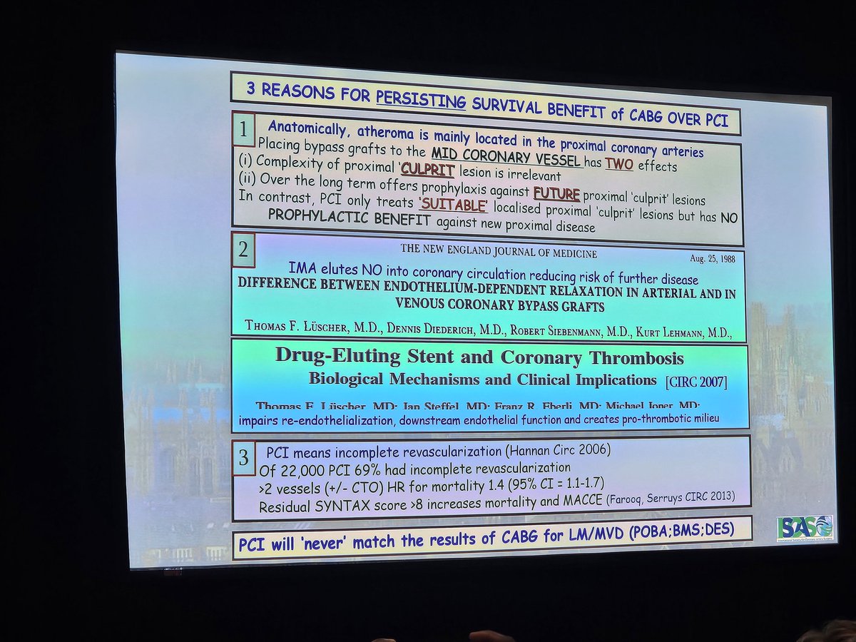 'Do not read the text [when reading or reviewing an article] .. read the figures, tables, supplementary materials.' Going through SYNTAX, FAME-3, FREEDOM, STICH, EXCEL, and more, Dr. David Taggart argues that #CABG cannot be beaten by stents & medicines for LM/MVD. #AATS2024