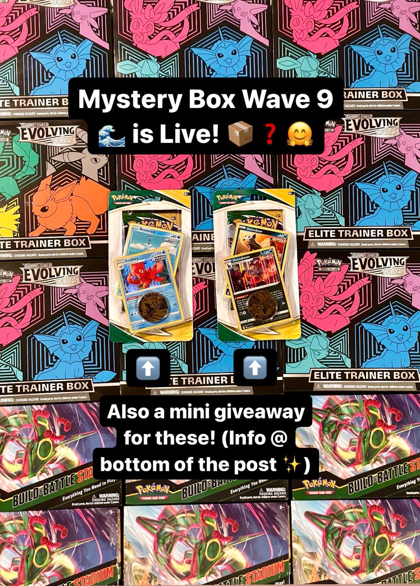 Mystery Box Wave 9 (Evolving Skies Themed) is Live 🌊📦❓!!!

PLUS A MINI EVOLVING SKIES BLISTER GIVEAWAY 🎁 (details for giveaway at the very bottom👇 ) 

forms.gle/GEE6rRXFdEbASY…

10 Boxes are up for grabs so if you want one plz fill out the form above and I’ll contact you via