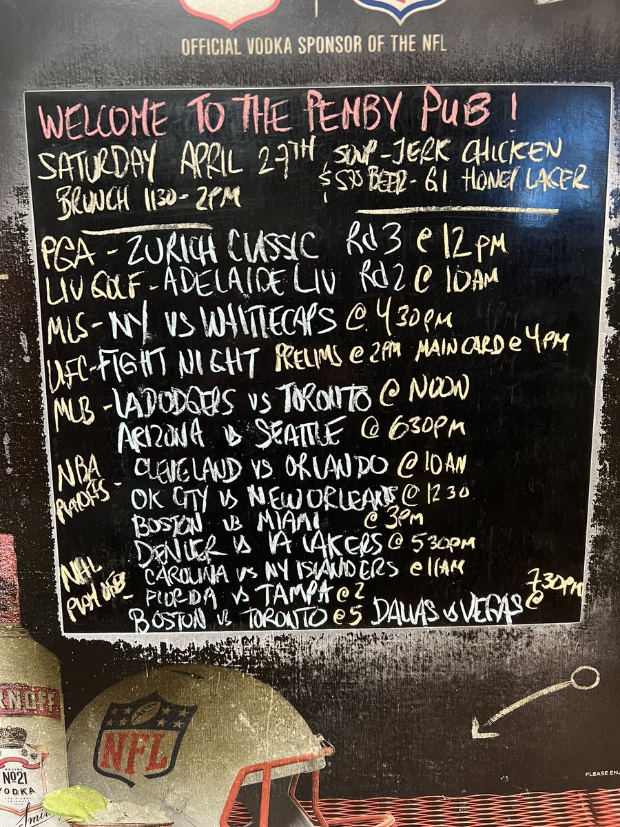The Pemby is open at 11:30am today. Brunch is served til 2pm Join us for @PGATOUR @MLB with @BlueJays noon @WhitecapsFC at 4:30pm #NBAPlayoffs2024 all day @ufc fight night at 2pm #StanleyCupPlayoffs quadruple header starting at 10am #pembypub #NorthVan #yourteamplaysatthepemby