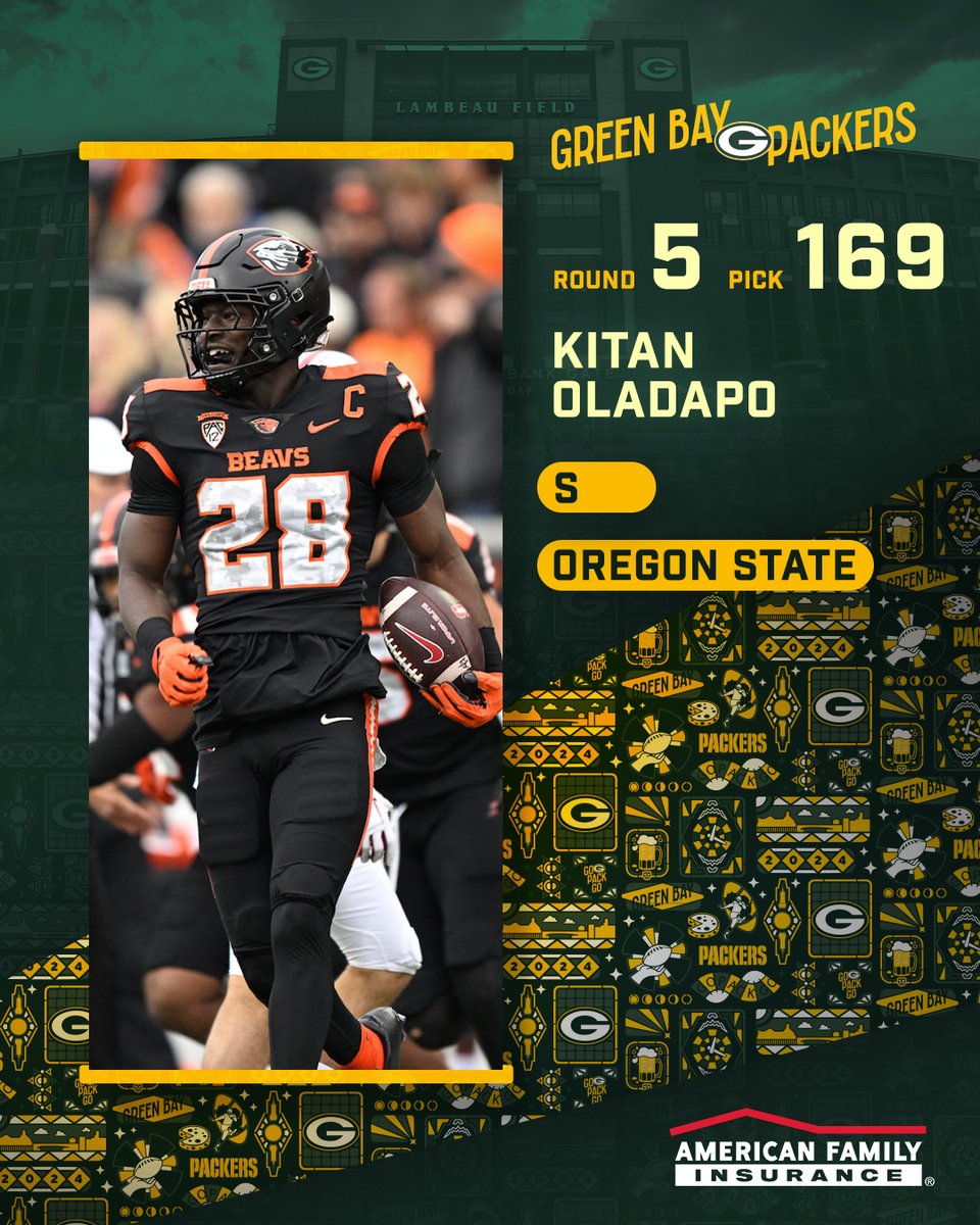 packers's tweet photo. With the 169th pick in the 2024 #NFLDraft, the #Packers select S Kitan Oladapo from Oregon State University!

@amfam | #PackersDraft https://t.co/kMSTqUp00r