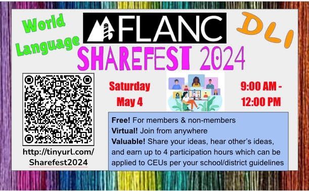 Join ShareFest 2024 on May 4 from 9am-12pm for free discussions, networking, and earning attendance hours. Connect with language teachers from North Carolina online to share ideas, gain practice, and get inspired for the upcoming school year.