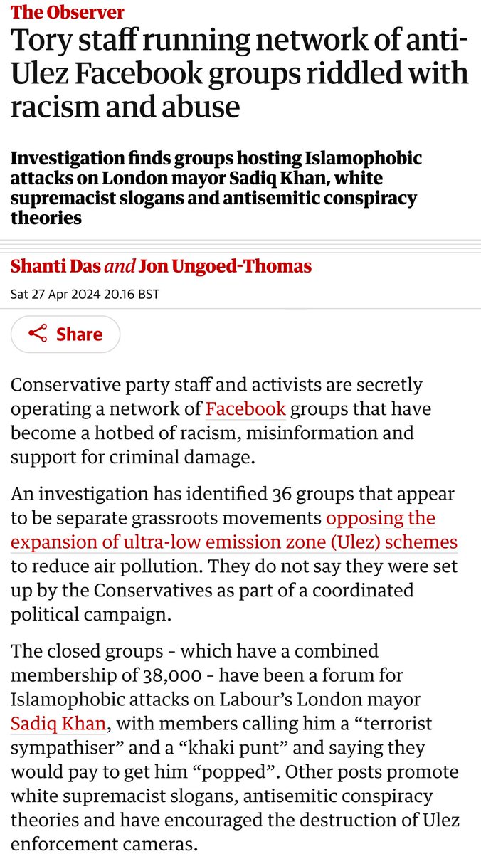The Tories are operating dozens of secret racist social media groups! 'Senior Tories have made posts in some of the groups, including the London mayoral candidate Susan Hall, who is a member of six groups and has posted in two. Hall did not respond to requests for comment.'