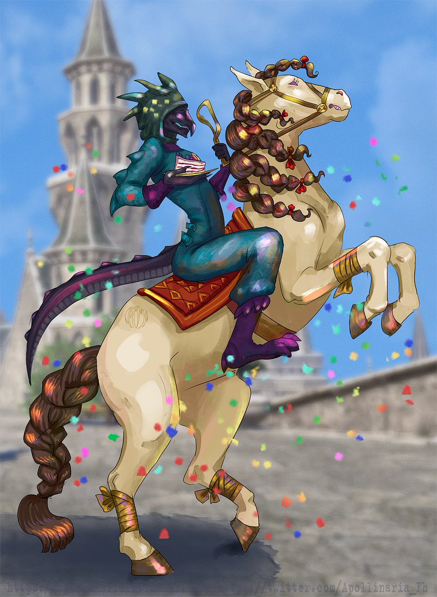 Dances with Fish celebration!
The anniversary confetti horse is literally the most joyful creature i have avalable in game, i'm not even joking it makes me SO happy
Every time it appears it's like a little birthday 😭💜

#ElderScrollsOnline
