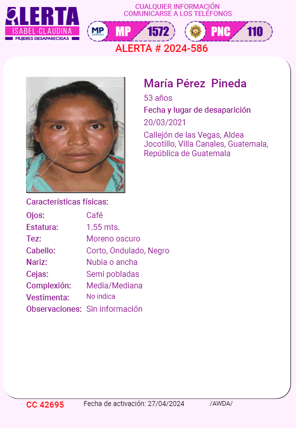 #AlertaIsabelClaudina
🚨 Ayúdenos a encontrar a
MARIA PÉREZ PINEDA
Cualquier información comunicarse al teléfono 📞 1572
Gracias por difundir esta información❗