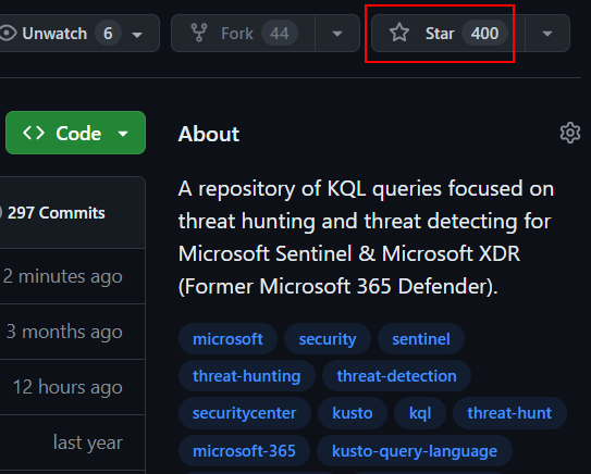 📢 400 ⭐️ for my #KQL repo!

9.170 👀 & 1.500 visitors the last 2 weeks!

📌 When beginning this project, I never imagined how much I would learn, the relationships I've built & the opportunities I'd have. All these, are far more important than ⭐️ & 👀.

➡️github.com/cyb3rmik3/KQL-…