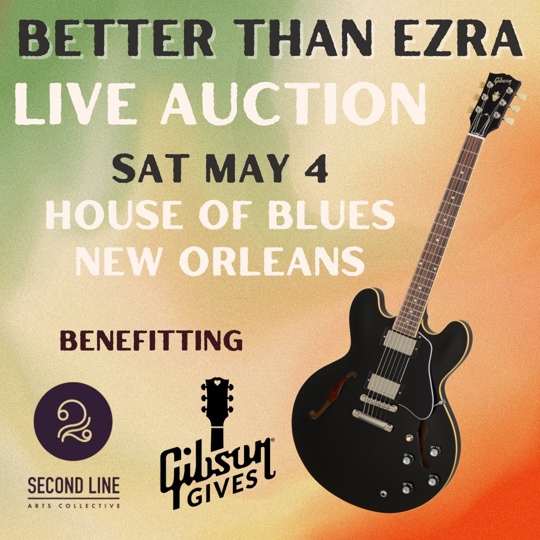 Join us on May 4th at House of Blues in NOLA for a chance to bid on a stunning Gibson ES 335 in vintage ebony played on stage that night and signed! 🖤 This incredible guitar will be up for grabs, with all proceeds benefiting the amazing work of Second Line Arts Collective. 🎶